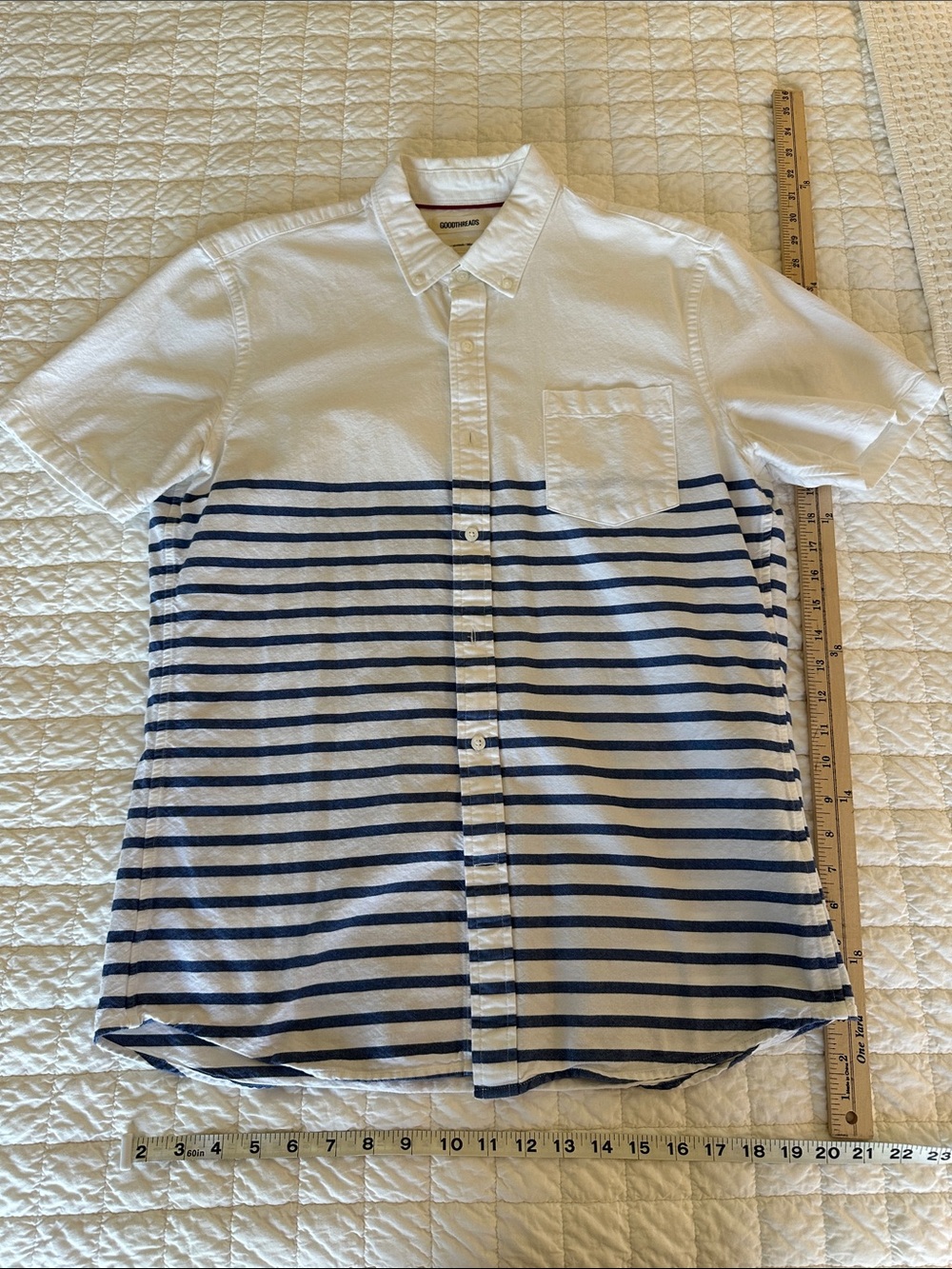 Goodthreads White & Navy Short-Sleeve Striped Button-Down Shirt